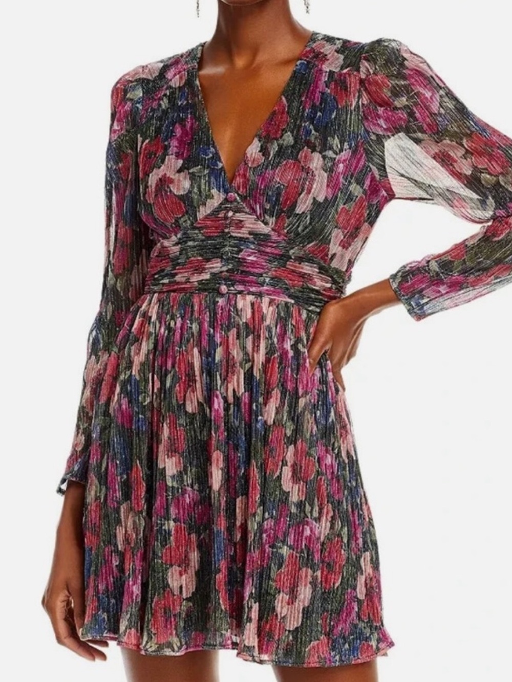 Aqua Floral V-Neck Pleated Long-Sleeve Midi Dress in Pink & Black